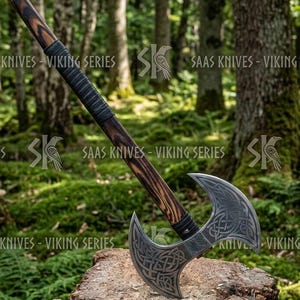 May include: A Viking axe with a wooden handle and a double-bladed head, resting on a tree stump. The axe head features intricate Celtic knot designs. The handle is wrapped in black leather. The background is a lush forest.