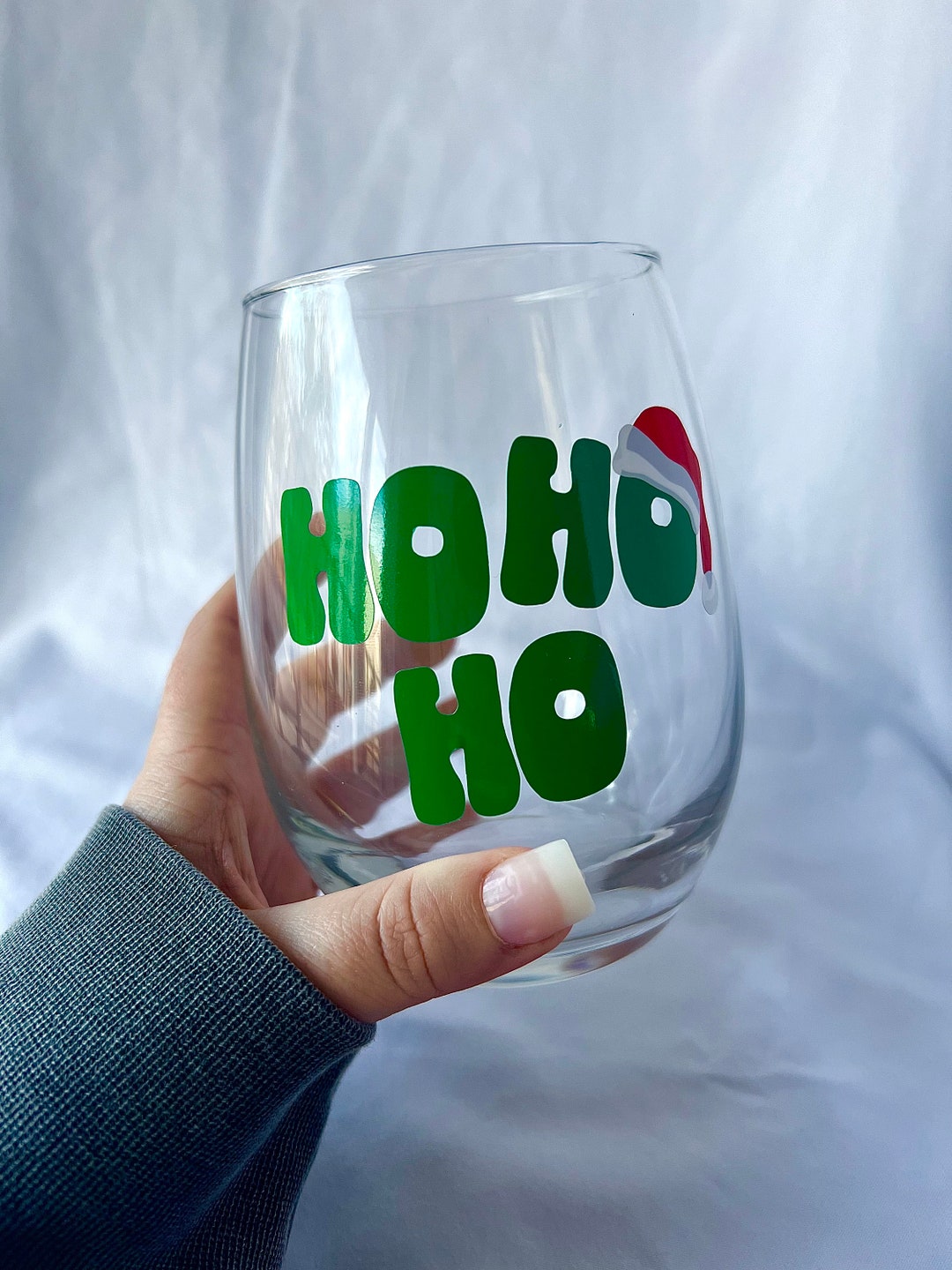 Ho Ho Ho Stemless Wine Glass Christmas Wine Glass Santa Hat Etsy