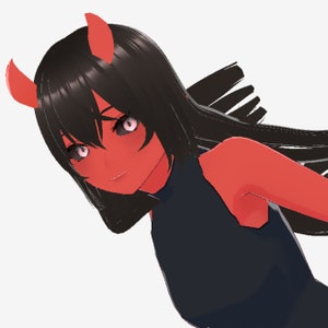 Puede incluir: Una ilustración digital de un personaje femenino con piel roja, cabello negro y cuernos. Lleva un top negro sin mangas.