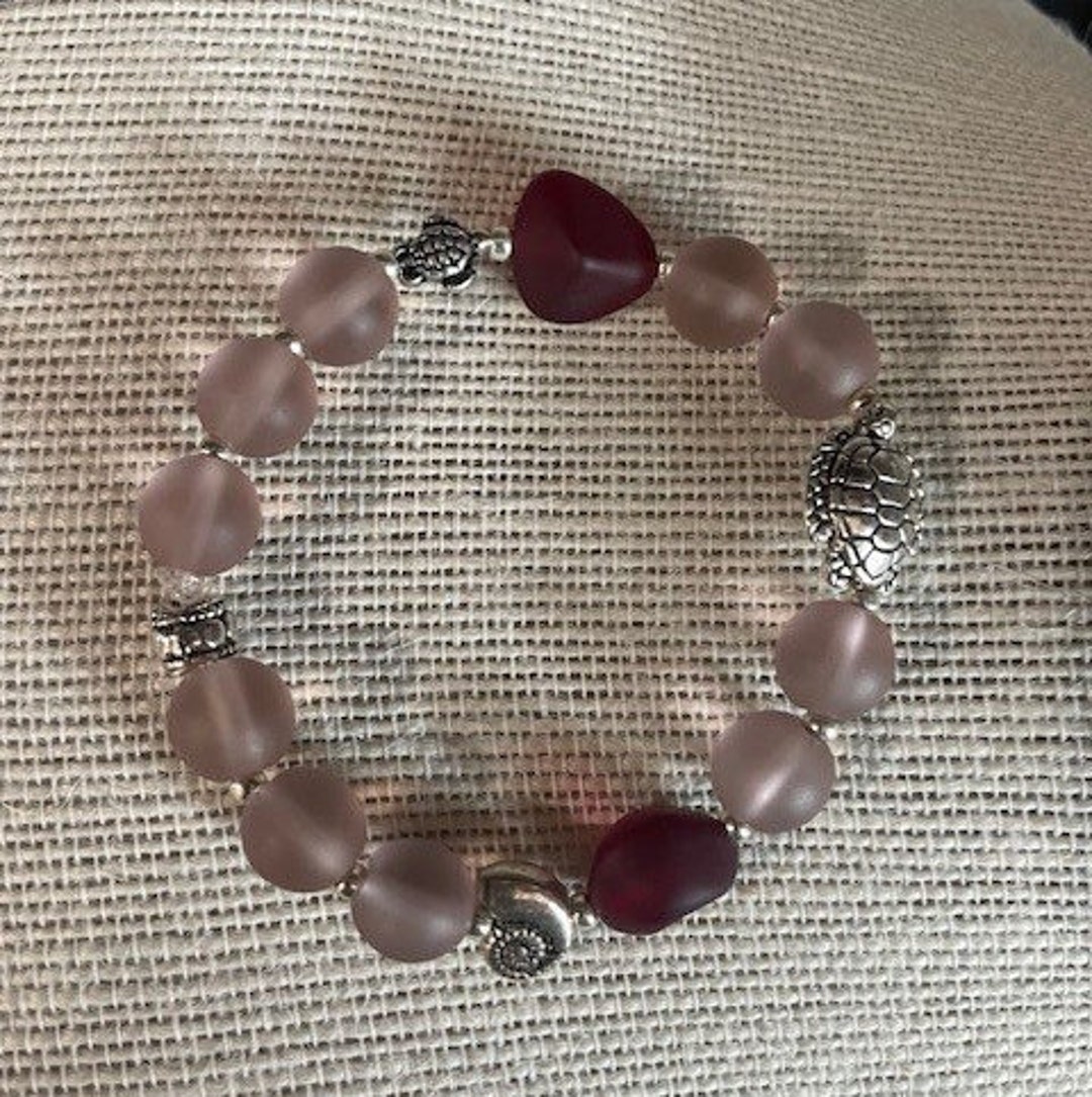 Mauve Beaded Bracelet Made With Faux Sea Glass and Turtle Charm. - Etsy