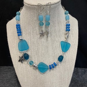 Blue single-strand Necklace with a starfish charm and matching dangle earrings