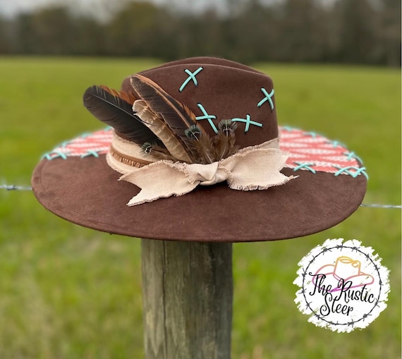 Boho Feather Suede Hat: Large Brim Canvas Fabric - Etsy display picture 1