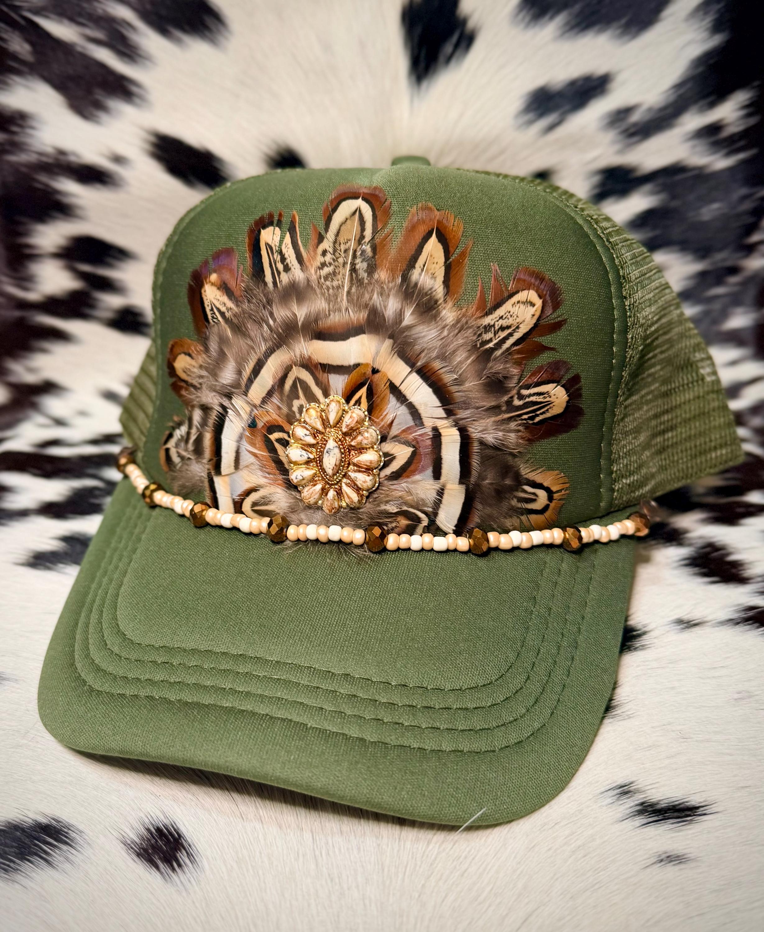 Green Feather Embellished Trucker Hat Feather Trucker Hat Green - Etsy main image 2