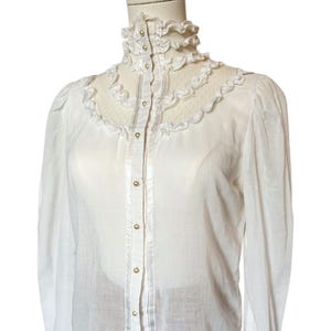 Vintage Gunne Sax/Gunnies Ivory Sheer Lace High Neck Long Sleeve Button Up Blouse | Size Small | 1970s