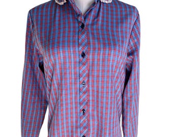 Vintage 1970s Blue & Red Plaid Button Up Blouse | Land n’ Sea (It’s Fortrel) | Modern Size XS-S