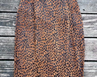 Vintage 1980s Brown Suede Leopard Print Midi Skirt | La Nauvelle Renaissance | Modern Size XXS
