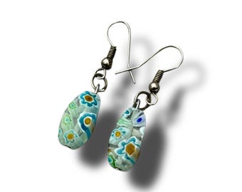 Vintage 1980s Colorful Millefiori Glass Floral Dangle Earrings