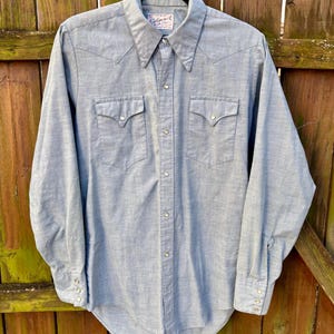 Vintage Rockmount Ranch Wear Chambray Western Long Sleeve Pearl Snap Shirt | Size Medium | 1970s