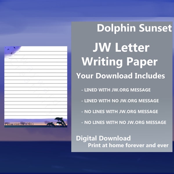 JW Letter Writing paper digital download lined website Ocean Dolphin birds jumping Sunset Beach silhouette blue birds US Letter English