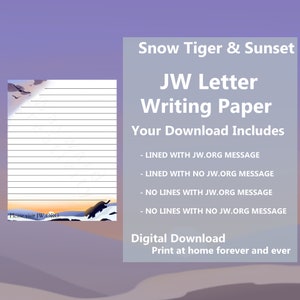 JW Letter Writing paper digital download forrado site Tigre andando nas montanhas de neve Silhueta do pôr do sol Carta dos EUA Inglês