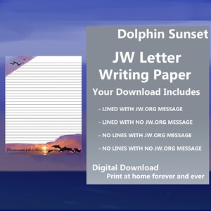 JW Letter Writing papel descarga digital sitio web forrado Ocean Dolphin aves saltando Sunset Beach silueta pájaros azules US Letter English