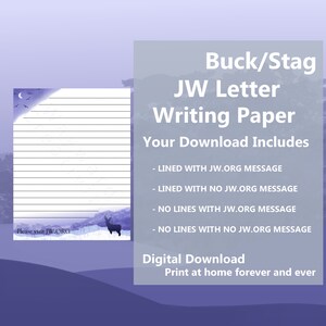 JW Brief Briefpapier digitaler Download gesäumt Webseite Winter Hirsch Buck Hirsch Schnee Wald Silhouette blau lila Mond US Letter englisch