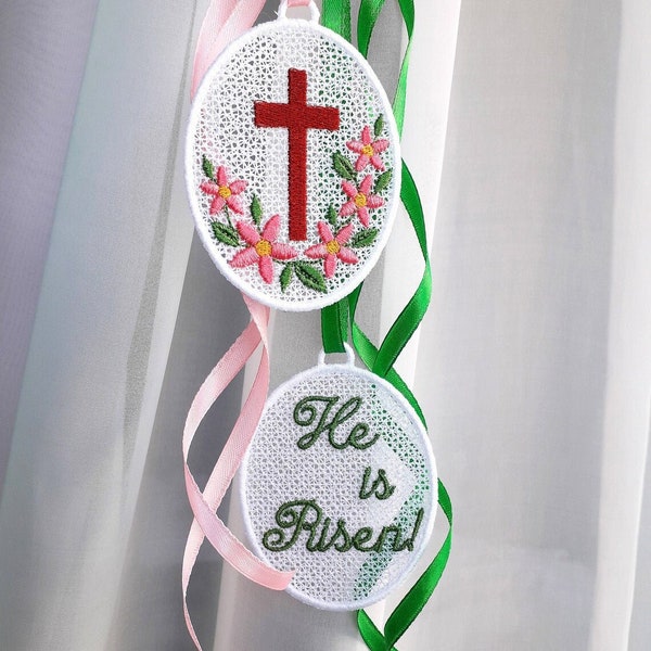 Easter FSL in 2 sizes. He is Risen. Cross and flowers.  Machine Embroidery Designs Free Standing Lace