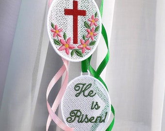 Easter FSL Suncatcher in 2 sizes. He is Risen. Cross and flowers Easter basket tag. Machine Embroidery Designs Free Standing Lace.