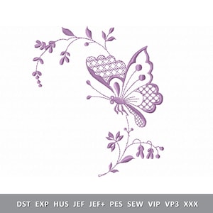Butterfly on a branch — delicate machine embroidery design monochrome
