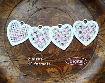 FSL Valentine&#39;s Day or wedding hanger Heart & Love —  Machine embroidery design in 2 sizes 10 formats. Free Standing Lace bookmark