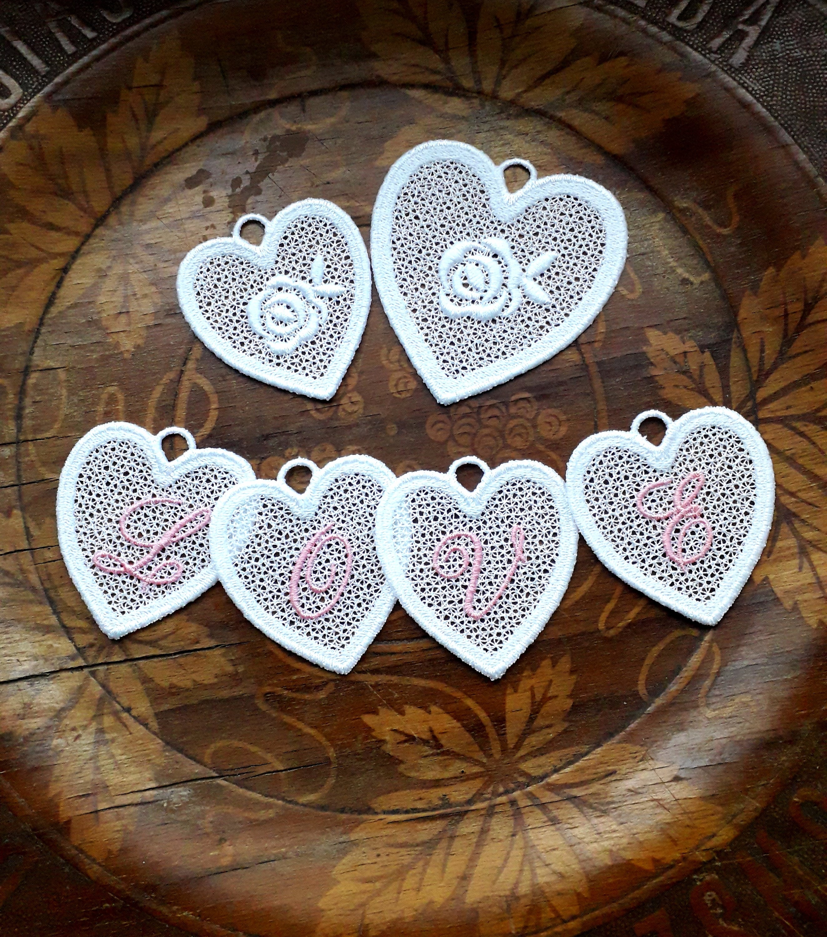 Set FSL Hearts Roses + Hearts Love —  Machine embroidery design in the technique of Free Standing Lace to Valentine's Day or wedding hanger