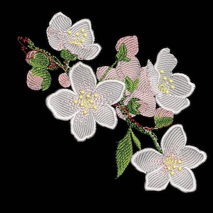 リンゴの花をあしらった花の機械刺繍デザイン。水彩画の刺繍技法で春の庭をデザインした刺繍デザイン