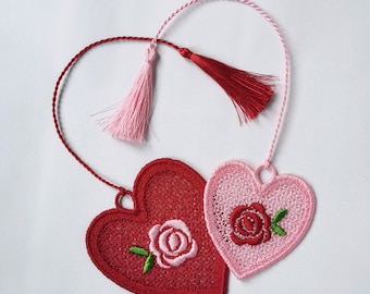FSL Heart & Rose,  machine embroidery design for a Valentine&#39;s Day postcard, bookmark, Christmas tree toy or gift tags in 2 sizes 10 formats