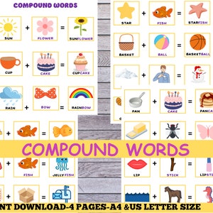 May include: A printable worksheet with colorful illustrations for learning compound words. The worksheet features images of a sun, flower, cup, cake, fish, rain, bow, star, fish, basket, ball, snow, man, pan, cake, jelly, fish, lip, stick, letter, box, sea, horse, and seahorse. The words "COMPOUND WORDS" are printed in large, bold letters at the top of the worksheet.