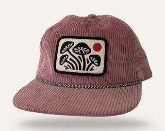 Mushroom Hat - Corduroy - Embroidered Patch - Pink - Leather Closure