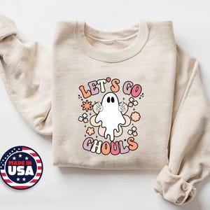 Let&#39;s Go Ghouls-sweater, vintage bijpassende Halloween-spooktrui, uniseks spookachtig seizoen trui met ronde hals familievakantie, Halloweencadeaus