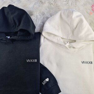 Roman Numeral Embroidered Hoodie, Custom Couple Matching Date Hoodie, Personalized Date Initial Heart Anniversary Outfit, Couples Gifts