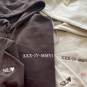 Roman Numeral Embroidered Hoodie, Personalized Anniversary Date Matching Hoodies, Custom Initials with Heart Sleeve Jumper, Boyfriend Gifts