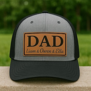 Personalized Grandpa Leather Patch Hat, Custom Kids Names Engraved Hat, Rugged Outdoor Trucker Cap Grandpa, Father's Day 2026 Legacy Gift