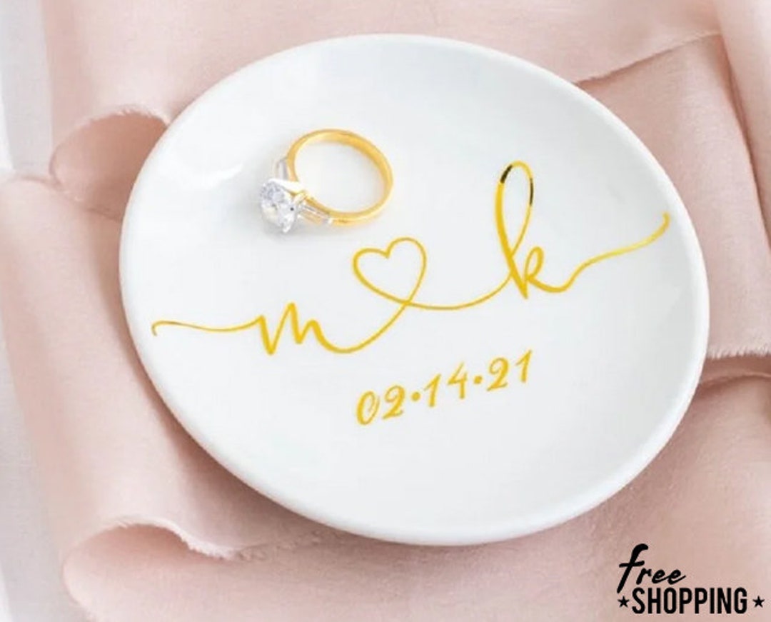 Personalized Wedding Ring Dish, Engagement Ceramic Ring Holder, Jewelry