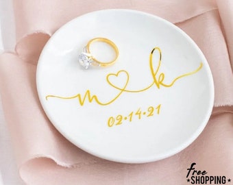 Personalized Wedding Ring Dish, Engagement Ceramic Ring Holder, Jewelry Trinket Ring Holder Dish, Custom Name Initial & Date Round Ring Dish