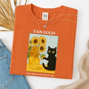 Comfort Colors® Van Gogh Cat Shirt, Irises Painting Art Cat T-Shirt, Funny Black Cat Flower Crewneck T-Shirt, Unique Gift for Cat Lovers