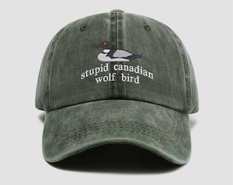 Embroidered Stupid Canadian Wolf Bird Hat, Funny Animal Meme Hat, Viral Wolf Bird Design Hat, Unisex Dad Hat, Canadian Wolf Trendy Hat