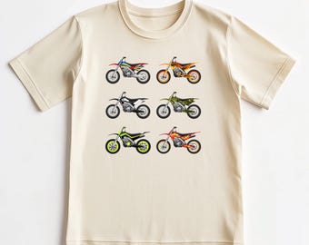 Retro Dirt Bikes in a Row Toddler Shirt, Motorcycle Kids Crewneck Outfit, Dirt Bike Racing Shirt, Youth Boys Boho Style Motorcycle Clothing