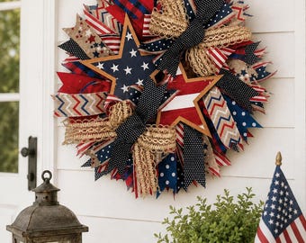 Patriotic Deco Mesh Wreath, 4th of July Front Door Hanger, Red White Blue Usa Star Decor, Independence Day Summer Celebration Ribbon Bow