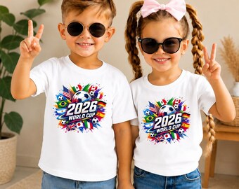 Maglietta per bambini World Soccer 2026, maglietta girocollo Coppa del Mondo 2026, maglietta con bandiera USA, maglietta internazionale di calcio con bandiere, maglietta Coppa del Mondo 2026