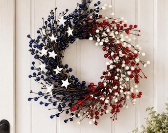 Patriottische bessenkrans, Amerika Berry-deurhanger, Usa Star-krans voor voordeur, 4 juli-decor, Independence Day-zomerkrans