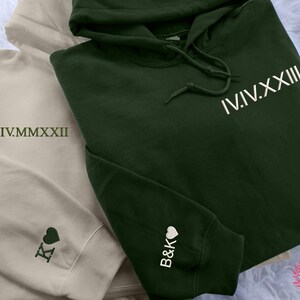 Personalized Embroidered Matching Hoodie, Custom Couple Initial Wedding Date Hoodie, Roman Numeral Unisex Couple Hoodie, Long Distance Gifts