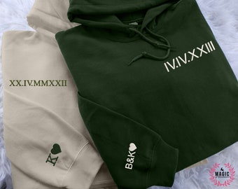 Personalized Embroidered Matching Hoodie, Custom Couple Initial Wedding Date Hoodie, Roman Numeral Unisex Couple Hoodie, Long Distance Gifts