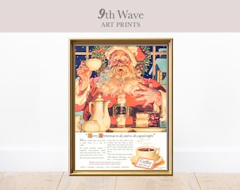 Retro Coffee Print, Retro Christmas Kitchen Art, vintage santa Ad, Instant Download Wall Decor, Coffee Printable Art