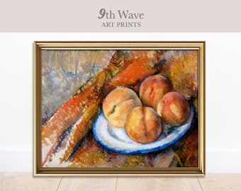 May include: A still life painting of peaches on a white plate with a blue rim. The peaches are arranged in a cluster, with some overlapping. The peaches are a mix of yellow, orange, and red hues. The plate is on a table with a brown cloth. The painting is framed in a gold frame.
