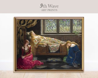 Puede incluir: Una pintura de tres mujeres en una habitación con una gran ventana. La mujer del centro está tumbada en una cama, mientras que las otras dos mujeres están de pie y la miran. La mujer de la izquierda lleva un vestido rojo, y la mujer de la derecha lleva un vestido azul.