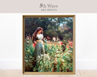 Antique Woman in Garden Painting, Vintage Lady Print, Instant Download Wall Decor, Floral Printable