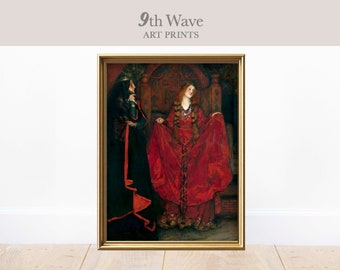 Puede incluir: Una impresión artística enmarcada de una pintura que representa a dos mujeres en un entorno medieval. La mujer en primer plano lleva un vestido largo rojo y tiene el pelo largo y rojo. La mujer en el fondo lleva un vestido negro y tiene el pelo oscuro. La pintura está ambientada en una habitación con una gran ventana y una chimenea.
