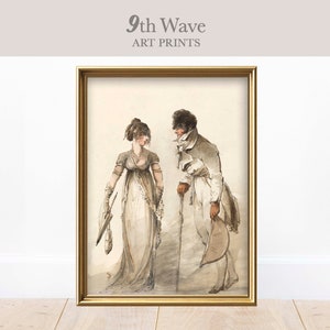Puede incluir: Una pintura de acuarela de una pareja con ropa del siglo XIX. La mujer lleva un vestido blanco con una chal marrón y sostiene una sombrilla. El hombre lleva un abrigo blanco y sostiene un bastón. La pintura está enmarcada en un marco dorado.