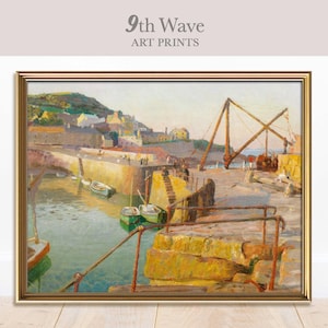 May include: A framed painting of a harbor scene with boats docked at a pier. The painting is in a gold frame and features a bright blue sky and a calm body of water. The painting is titled "9th Wave Art Prints".