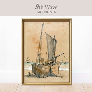 Illustrazione vintage della barca a vela, stampa nautica della barca a vela, decorazione della parete con download istantaneo