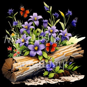 Ensemble de 12 illustrations de fleurs sauvages à l'aquarelle – Illustrations florales colorées avec bûches de bois – PNG transparent