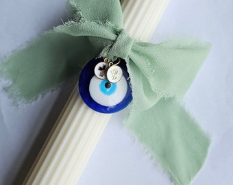 Easter Lambatha candle, sage green tie with white and gold cross & initial pendant