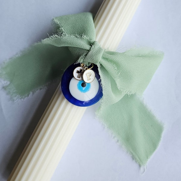 Easter Lambatha candle, sage green tie with white and gold cross & initial pendant